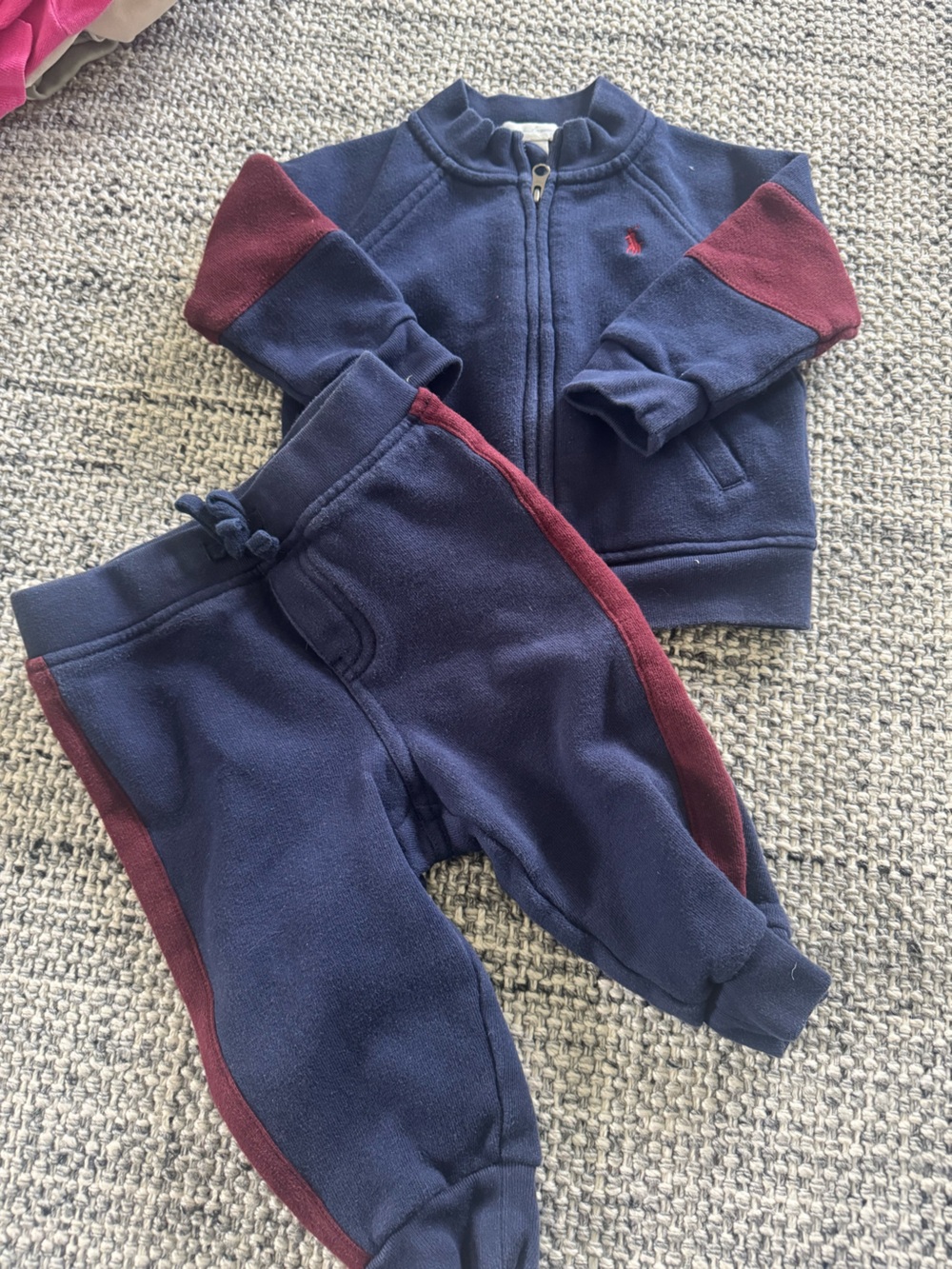 Ralph Lauren Navy Baby Zip Jacket and pants  with Burgundy Elbow Detail